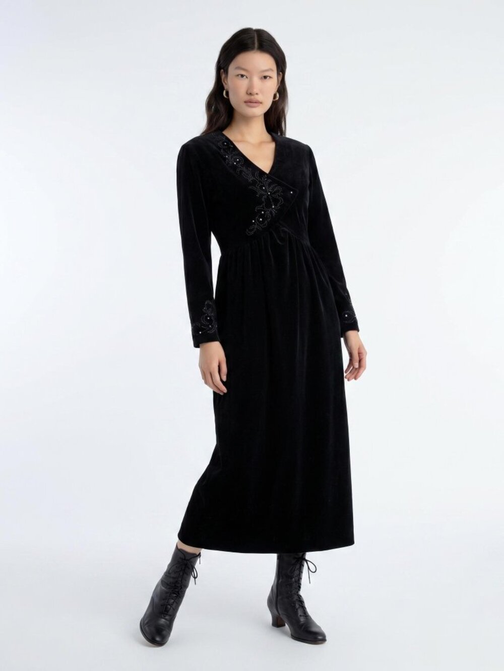 black velvet empire waist beaded formal dress